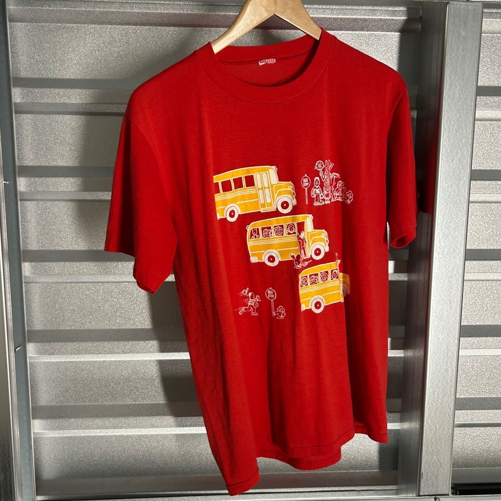 VINTAGE 80s School Bus Graphic T Shirt Red Single Stitch Retro 90s Streetwear